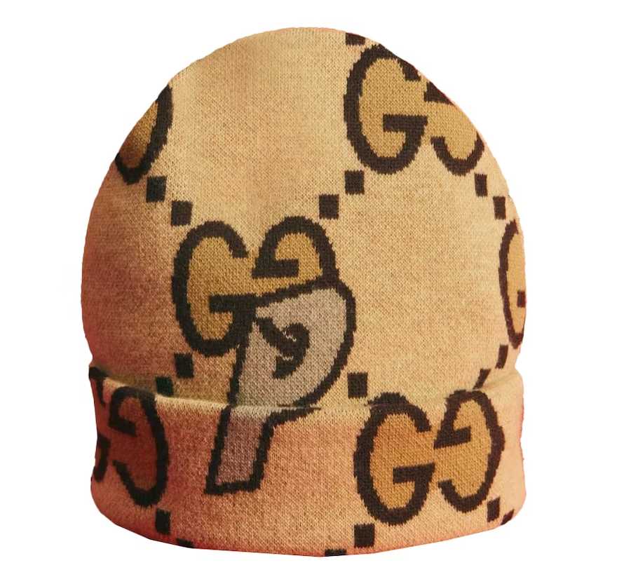 PALACE X GUCCI WOOL LARGE GG-P BEANIE BEIGE/EBONY